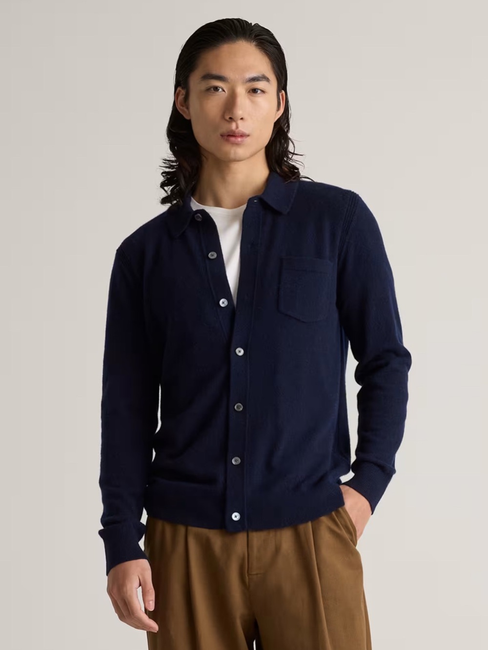 NWT Quince Men's Mongolian Cashmere Button Down Sweater Navy Blue Cardigan Sz L